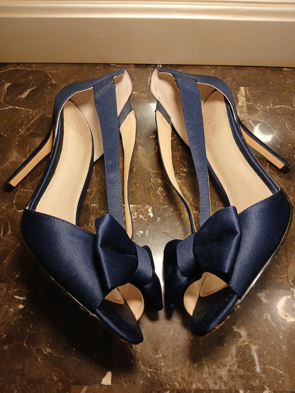 David's Bridal Navy Satin Bow Peep-Toe Heels - Picture 14 of 14